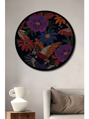 Tropikal Kuşlar ve Çiçekler Yağlı Boya Görünüm Ahşap Tablo Yuvarlak Duvar Tablosu Çerçeve Görünüm