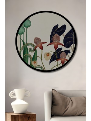 Botanical Art Nouveau Sulu Boya Görünümlü Ahşap Tablo Yuvarlak Duvar Tablosu Çerçeve Görünümlü
