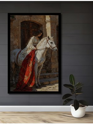 Kraliyet Beyaz Atlı Prenses Yağlı Boya Görünümlü Ahşap Ev,antre,ofis,mutfak Tablo Çerçeve Görünümlü