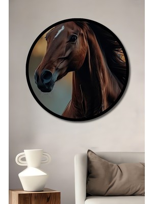 Asalet Dolu At Portresi Yağlı Boya Görünümlü Ahşap Tablo Yuvarlak Duvar Tablosu Çerçeve Görünümlü