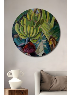 Muz Ağacı Çiçeği ve Salkımı Sulu Boya Görünümlü Ahşap Dekoratif Tablo Yuvarlak Duvar Tablosu