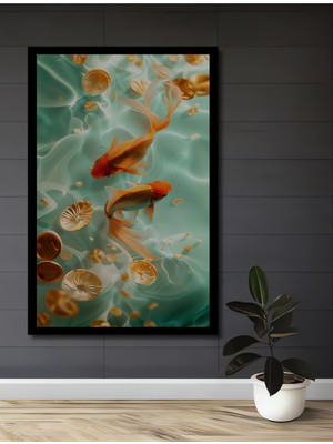 Altın Balık Suyu Dansı Sulu Boya Görünümlü Ahşap Ev,antre,salon,ofis,mutfak Tablo Çerçeve Görünümlü