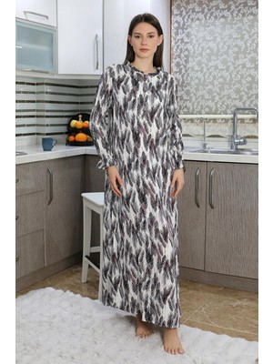 İbrahim Burak Etiler Collection Moda Çizgi Kadın Uzun Kol Penye Gecelik Ev Elbisesi Mor 25500