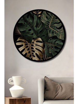 Dev Monstera Yapraklı Yağlı Boya Görünümlü Ahşap Tablo Yuvarlak Duvar Tablosu Çerçeve Görünümlü
