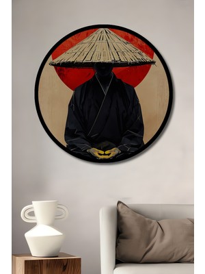 Meditatif Zen Ustası Yağlı Boya Görünümlü Ahşap Tablo Yuvarlak Duvar Tablosu Çerçeve Görünümlü
