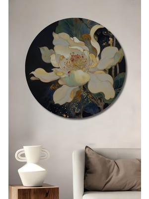 Büyük Beyaz Çiçek Sulu Boya Görünümlü Ahşap Dekoratif Tablo Yuvarlak Duvar Tablosu