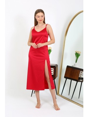 İbrahim Burak Etiler Collection Moda Çizgi Yırtmaçlı Uzun Saten Gecelik Kırmızı 7410