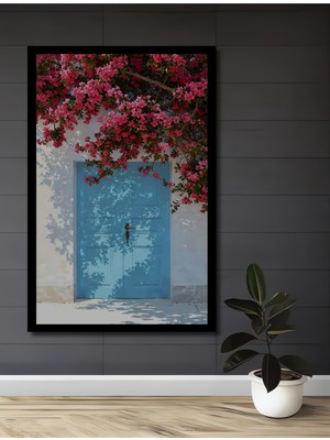 Mavi Kapı ve Pembe Çiçekler Yağlı Boya Görünümlü Ahşap Ev,antre,ofis,mutfak Tablo Çerçeve Görünümlü