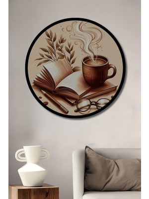 Kitap Kahve Gözlük Sanat Baskı Ahşap Dekoratif Tablo Yuvarlak Duvar Tablosu Çerçeve Görünümlü