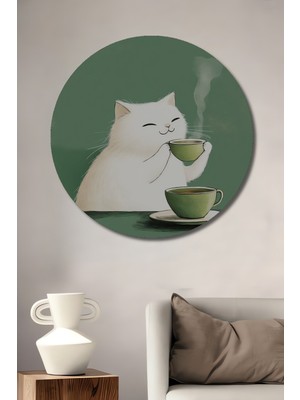 Beyaz Kedi Yeşil Çay Keyfi Suluboya Görünümlü Ahşap Dekoratif Tablo Yuvarlak Duvar Tablosu