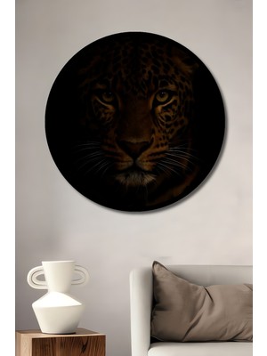 Aslan Gözlü Leopar Yağlı Boya Görünümlü Ahşap Tablo Yuvarlak Duvar Tablosu Çerçeve Görünümlü