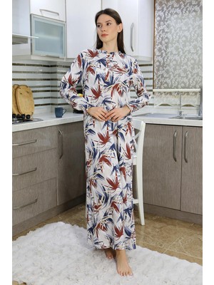 İbrahim Burak Etiler Collection Moda Çizgi Kadın Uzun Kol Penye Gecelik Ev Elbisesi Krem 25500