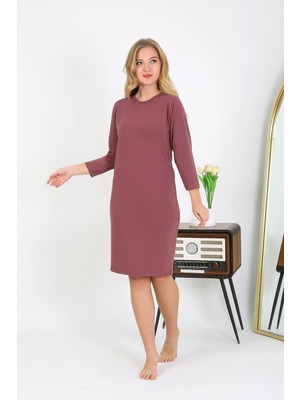 İbrahim Burak Etiler Collection Moda Çizgi Pamuk Ev Elbisesi Tunik Gecelik Mürdüm 13132