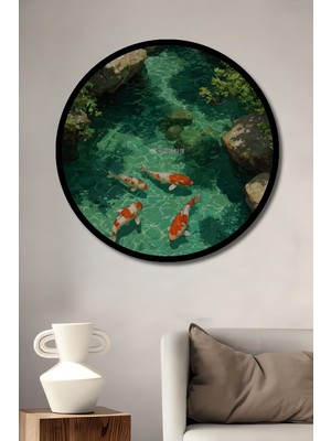 Canlı Koi Balıklı Berrak Su Döküntülü Doğal Manzara Ahşap Tablo Yuvarlak Duvar Tablo Çerçeve Görünüm