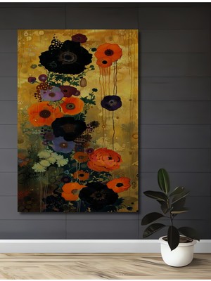 Altın Zemin Üzerinde Canlı Çiçekler Yağlı Boya Görünümlü Dekoratif Ahşap Ev,antre,salon,ofis Tablo