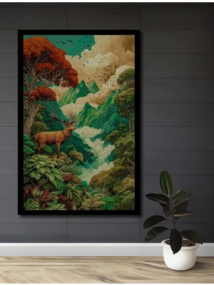 Görkemli Geyik ve Sarp Dağlar Manzarası Yağlı Boya Görünümlü Ahşap  Tablo Çerçeve Görünümlü