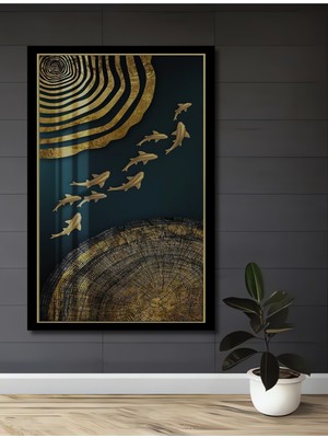 Altın Ağaç Dilimi ve Balık Sürüsü Yağlı Boya Görünümlü Ahşap Ev,antre,ofis Tablo Çerçeve Görünümlü