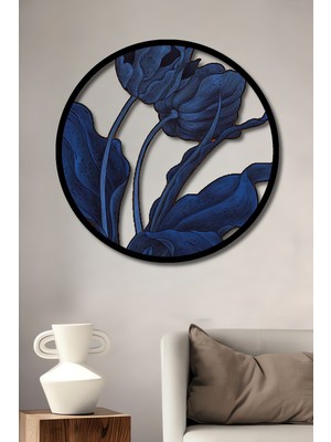 Masalsı Mavi Lale Suluboya Görünümlü Ahşap Dekoratif Tablo Yuvarlak Duvar Tablosu Çerçeve Görünümlü