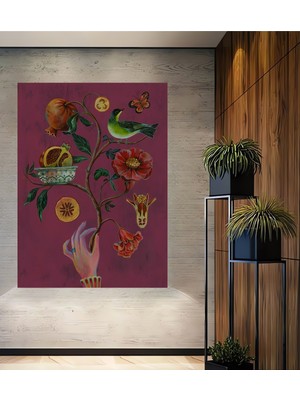 Nar Taneleri ve Sevimli Kuş Sulu Boya Görünümlü Sanat Ev,antre,salon Tablosu Ahşap Dekoratif