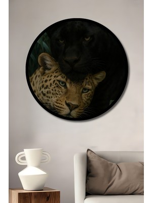 Leopar Panter Aşkı Yağlı Boya Görünümlü Ahşap Tablo Yuvarlak Duvar Tablosu Çerçeve Görünümlü
