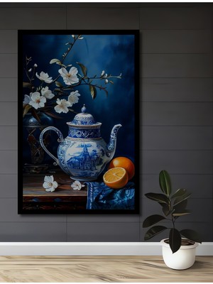 Mavi Beyaz Çiçekli Porselen Demlik ve Narenciye Ahşap Ev,antre,ofis,mutfak Tablo Çerçeve Görünümlü