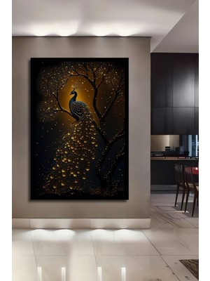 Altın Işıltılı Tavuskuşu Yağlı Boya Görünümlü Ahşap Ev,antre,ofis,mutfak Tablo Çerçeve Görünümlü
