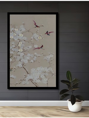 Asya Esintili Kuş ve Beyaz Çiçekler Yağlı Boya Görünümlü Ahşap Ev,antre,ofis Tablo Çerçeve Görünümlü