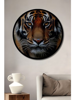 Aslan Gözlü Kaplan Ormanların Kralı Ahşap Tablo Yuvarlak Tablo Çerçeve Görünümlü