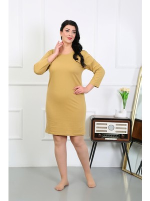 İbrahim Burak Etiler Collection Moda Çizgi Kadın Büyük Beden Penye Gecelik Ev Elbisesi Hardal 12506