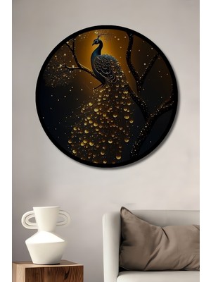 Altın Işıltılı Tavuskuşu Yağlı Boya Görünümlü Ahşap Tablo Yuvarlak Duvar Tablosu Çerçeve Görünümlü