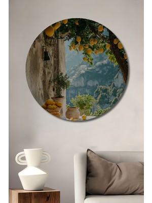 Limon Ağacı Manzaralı Ahşap Dekoratif Tablo Yuvarlak Duvar Tablosu