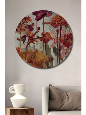 Çiçek Bahçesi Sulu Boya Görünümlü Ahşap Dekoratif Tablo Yuvarlak Duvar Tablosu