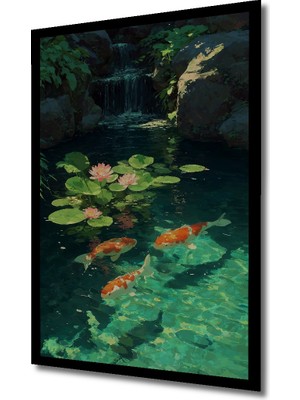 Canlı Koi Balıklı Şelale Manzaralı Yağlı Boya Görünümlü Ahşap Ev,antre,ofis Tablo Çerçeve Görünümlü