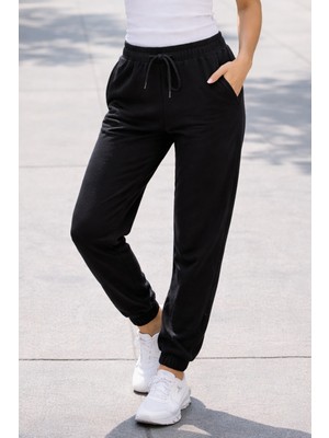 Remsa Kadın Paçası Beli Lastikli 2 Cepli Eşofman Altı 8016 Siyah