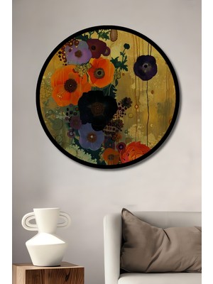 Altın Zemin Üzerinde Canlı Çiçekler Ahşap Tablo Yuvarlak Tablo Çerçeve Görünümlü