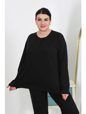 İbrahim Burak Etiler Collection Moda Çizgi Kadın Büyük Beden Uzun Kol Penye Pijama Takımı Siyah 202501