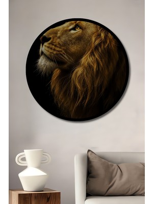 Aslan Yüce Kral Yağlı Boya Görünümlü Dekoratif Ahşap Tablo Yuvarlak Duvar Tablosu Çerçeve Görünümlü
