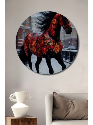 Rus Desenli Yağlı Boya Görünümlü At Ahşap Dekoratif Tablo Yuvarlak Duvar Tablosu