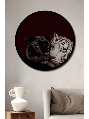 Aslan Kaplan Aşkı Yağlı Boya Görünümlü Ahşap Tablo Yuvarlak Duvar Tablosu Çerçeve Görünümlü