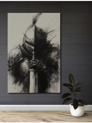 Cesur Şövalye Kara Kalem Görünümlü Ahşap Dekoratif Ev,antre,salon,ofis,mutfak,yatak Odası Tablo