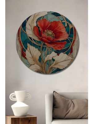 Art Nouveau Gelincik Sulu Boya Görünümlü Ahşap Dekoratif Tablo Yuvarlak Duvar Tablosu