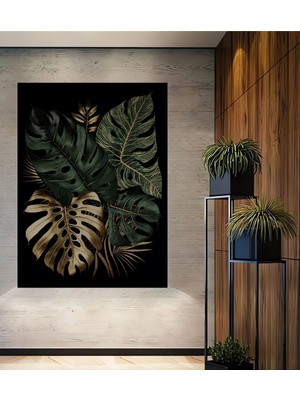 Dev Monstera Yapraklı Yağlı Boya Görünümlü Ahşap Ev,antre,salon,ofis,mutfak Tablo Çerçeve Görünümlü