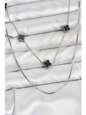 Shopwave 316L Çelik Zincir Gümüş Renk Italyan Zincirli Siyah Yonca Model Kadın Kolye - TJ-BKO10781
