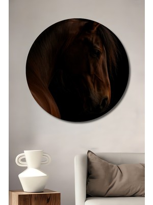 Görkemli At Portresi Yağlı Boya Görünümlü Dekoratif Ahşap Tablo Yuvarlak Duvar Tablosu