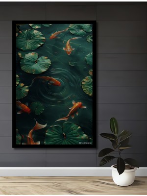Saklı Bahçe Koi Balığı Yağlı Boya Görünümlü Ahşap Antre,salon,ofis,mutfak Tablo Çerçeve Görünümlü