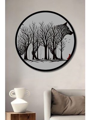 Kırmızı Başlıklı Kurt Ormanı Silüet Ahşap Dekoratif Tablo Yuvarlak Duvar Tablosu Çerçeve Görünümlü