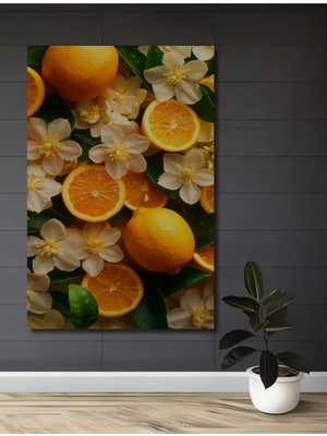 Cömert Portakallar ve Beyaz Çiçekler Yağlı Boya Görünümlü Ahşap Dekoratif Ev,antre,salon Tablo