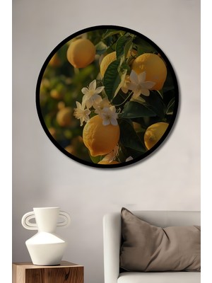 Taze Limon Ağacı Sürreal Yağlı Boya Görünümlü Ahşap Tablo Yuvarlak Duvar Tablosu Çerçeve Görünümlü