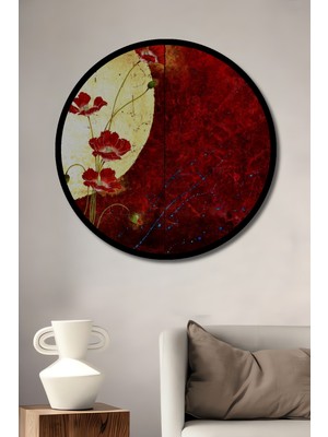 Kırmızı Gelincikler Yağlı Boya Görünümlü Ahşap Tablo Yuvarlak Duvar Tablosu Çerçeve Görünümlü