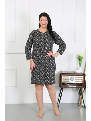 İbrahim Burak Etiler Collection Moda Çizgi Kadın Büyük Beden Penye Gecelik Ev Elbisesi Siyah 12507